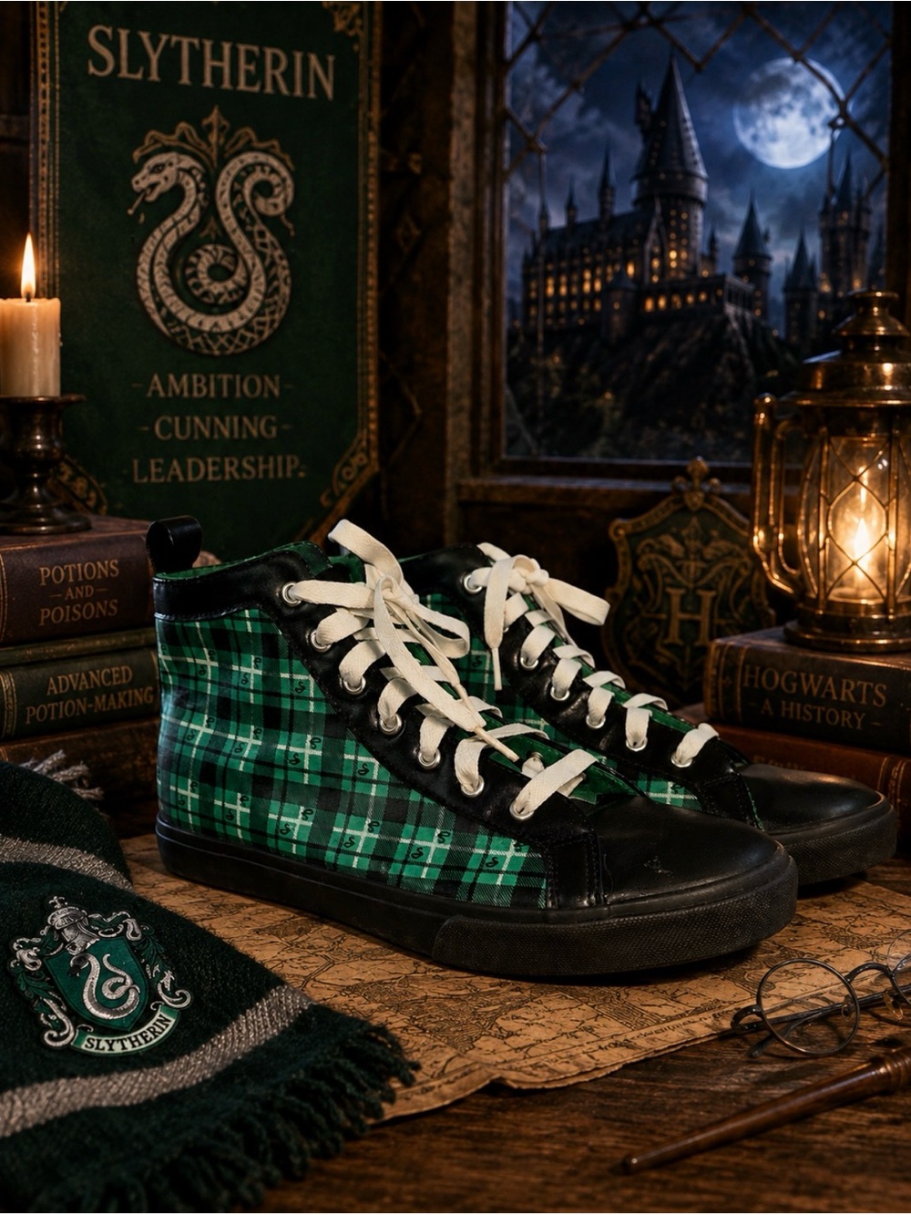Harry Potter Slytherin High Top Sneakers Green Plaid Women’s 10 Hogwarts